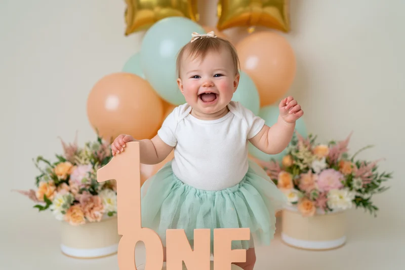 Laughing baby girl holding large number one prop at first birthday party