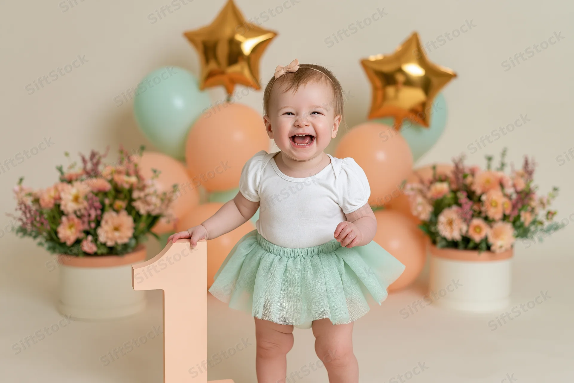 Laughing baby girl holding large number one prop at first birthday party