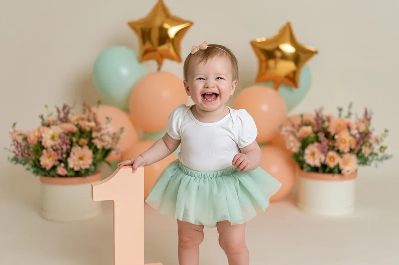 Laughing baby girl holding large number one prop at first birthday party