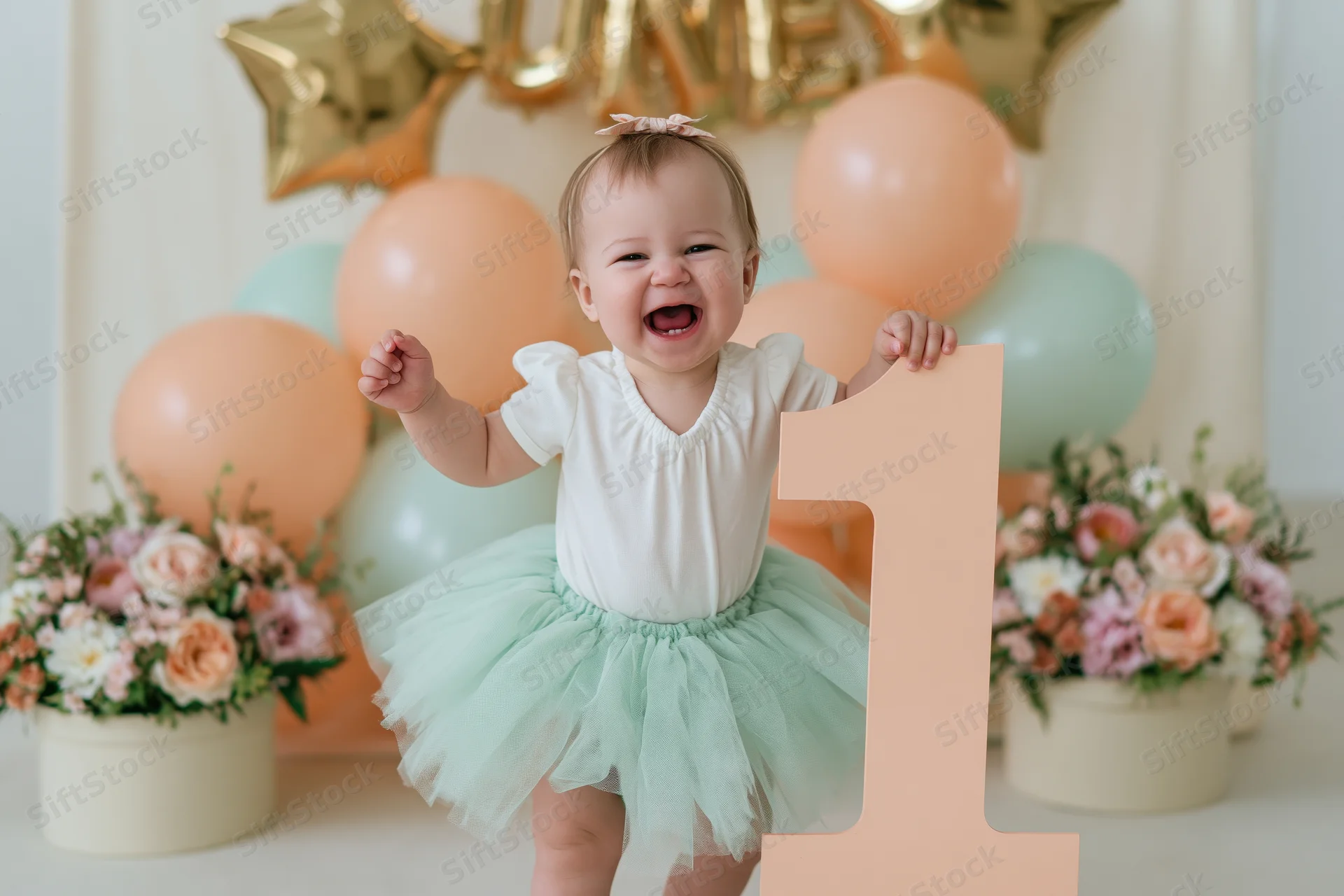 Laughing baby girl holding large number one at first birthday party