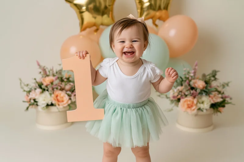 Baby girl holding number one sign smiling in studio with balloons and flowers