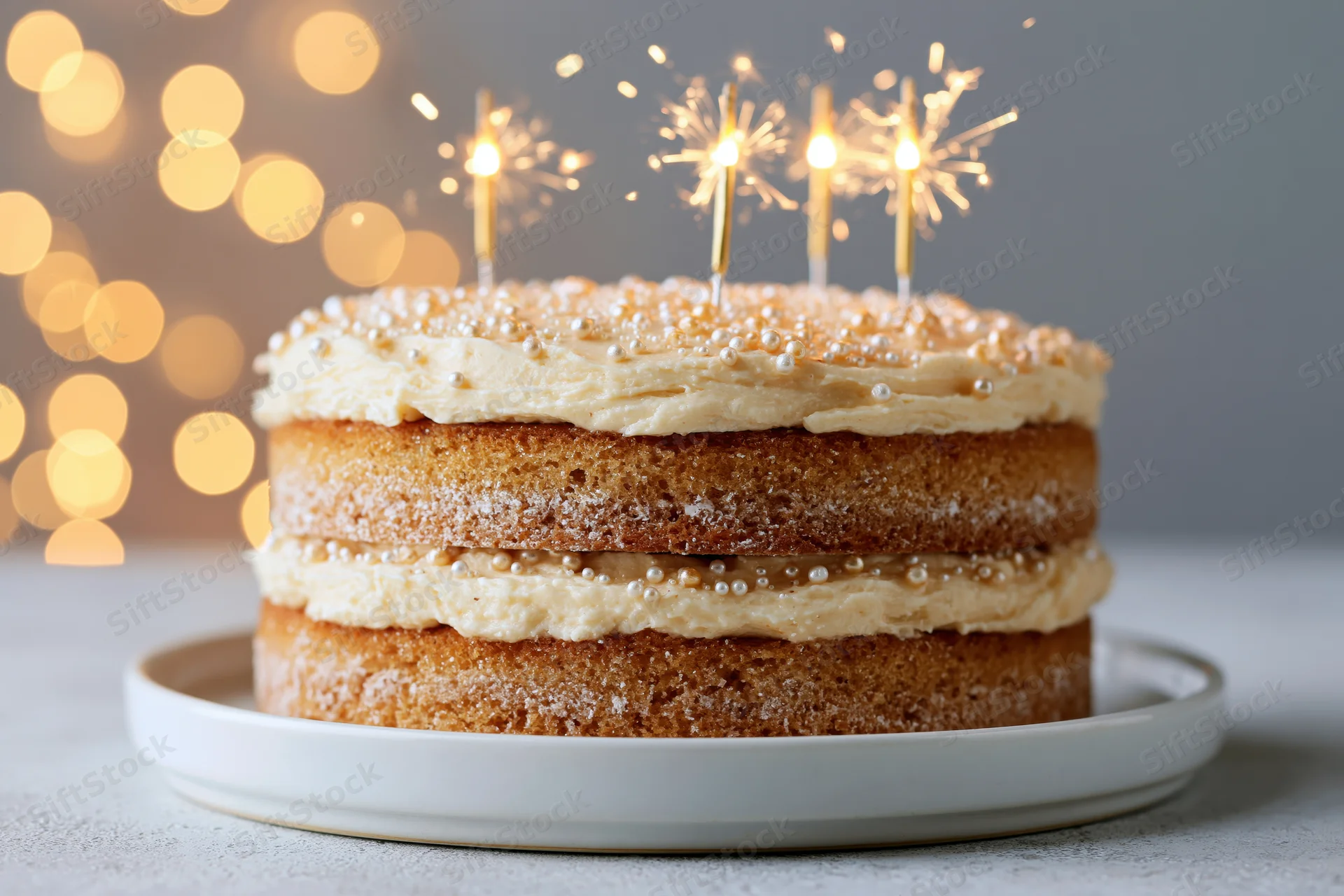Layered birthday cake with lit sparklers on a white ceramic plate against a bokeh light background