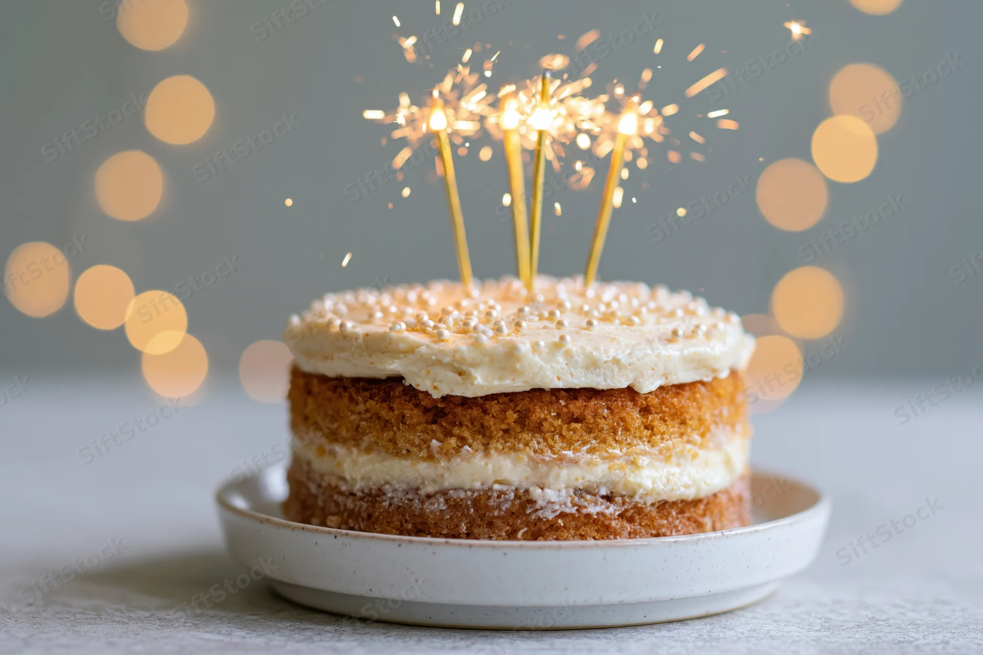Layered birthday cake with sparklers on a white ceramic stand against a bokeh light background
