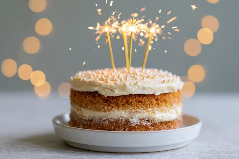 Layered birthday cake with sparklers on a white ceramic stand against a bokeh light background