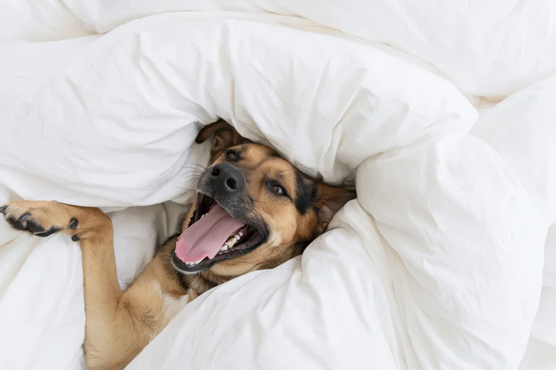 Mixed-breed dog yawning while partially covered by white comforter in bed