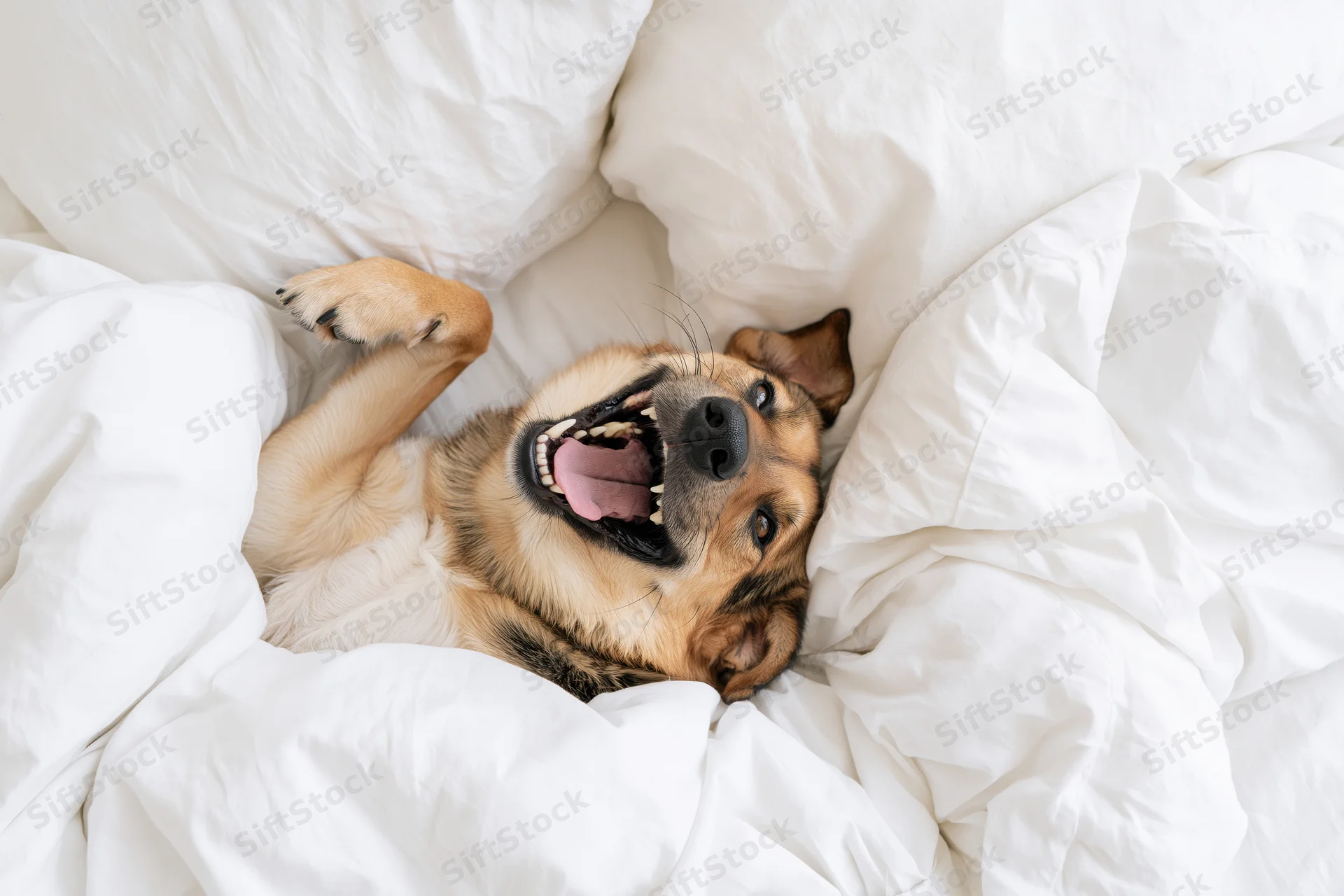 Mixed-breed dog lying on its back in white bedding with mouth open and paws up