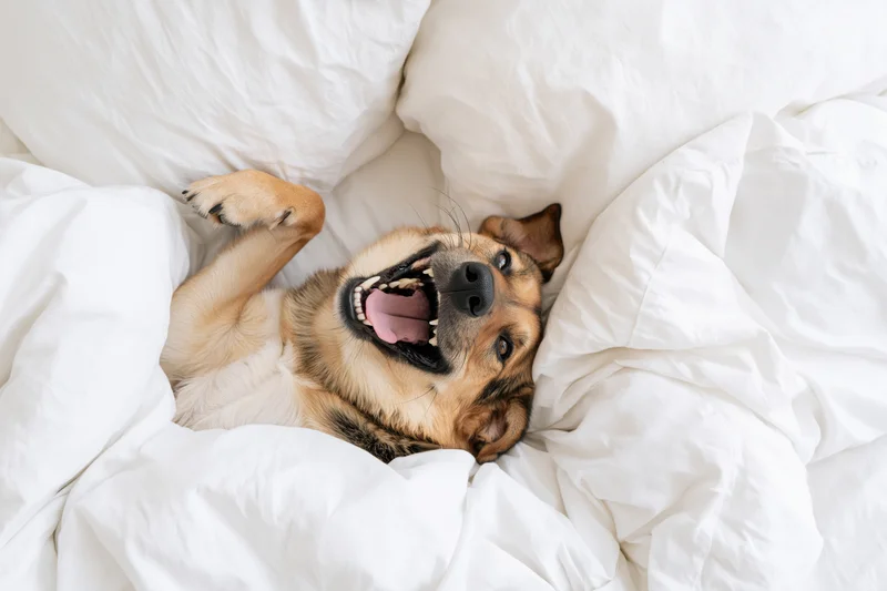 Mixed-breed dog lying on its back in white bedding with mouth open and paws up