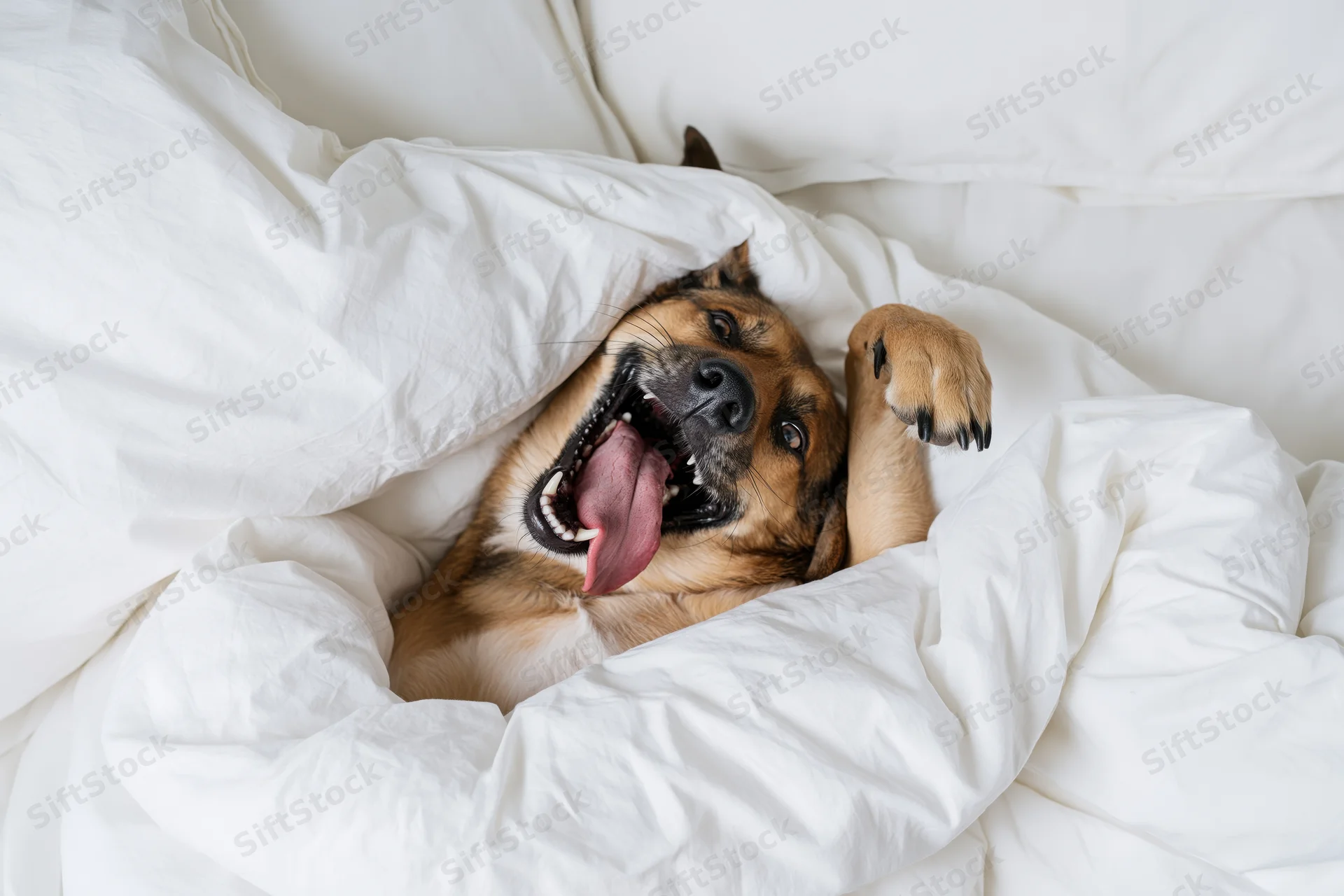 Mixed-breed dog lying on bed under white blanket with tongue out and paws up