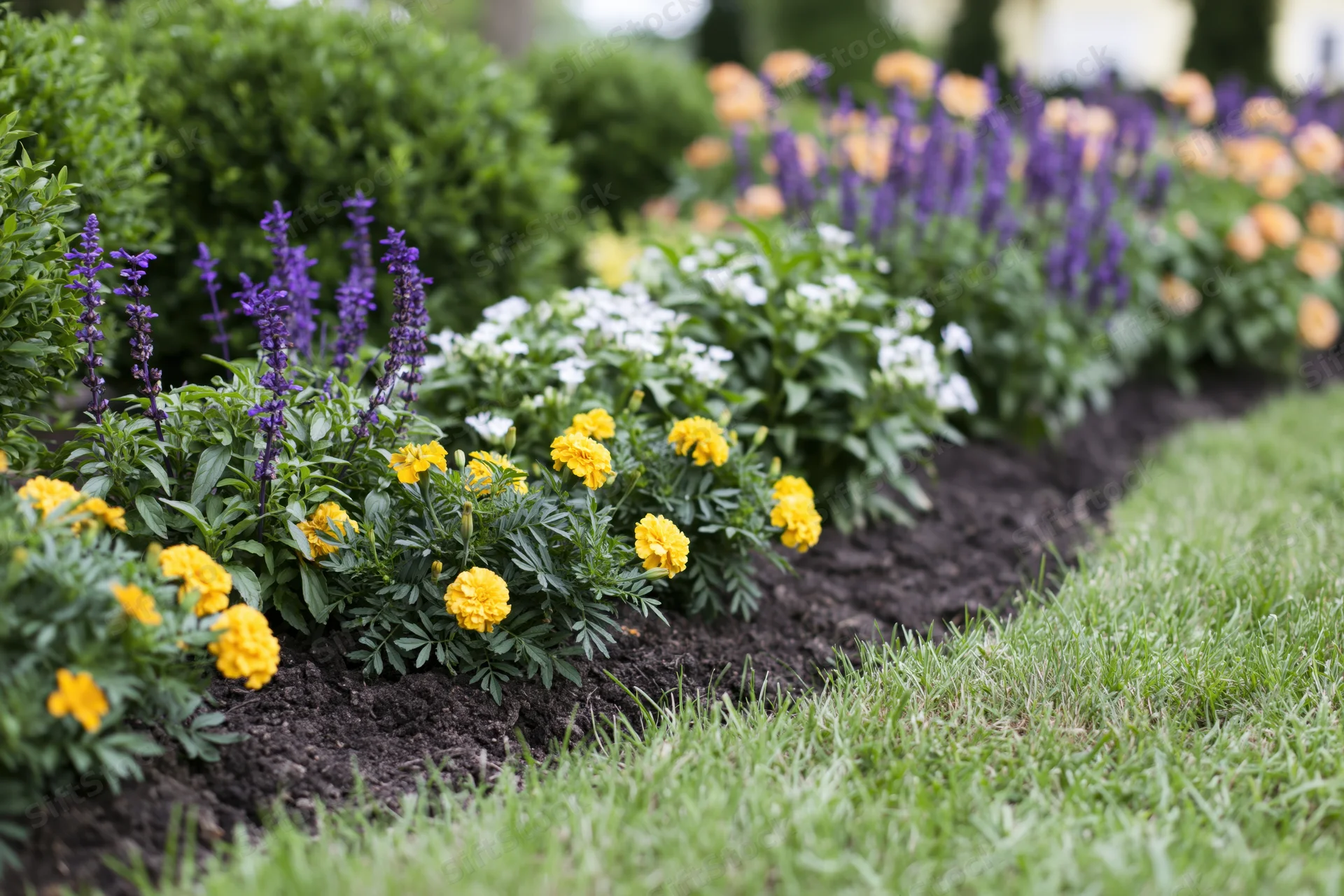 A mixed flower border garden bed with yellow marigolds and purple salvia planted alongside green grass