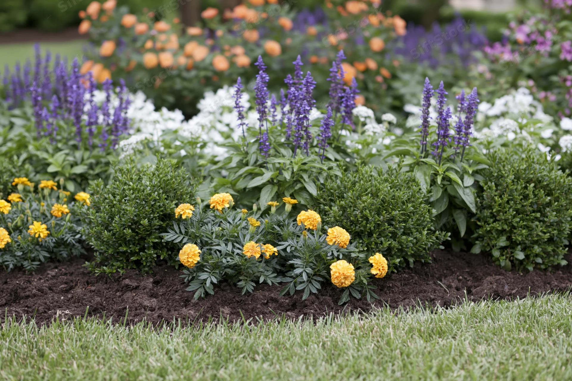 Mixed flower border with yellow marigolds and purple blooms in a garden bed beside green lawn