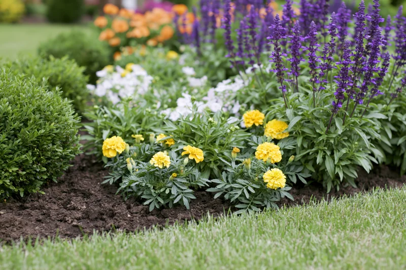 Mixed flower border with yellow marigolds and purple blooms in a garden bed surrounded by green lawn