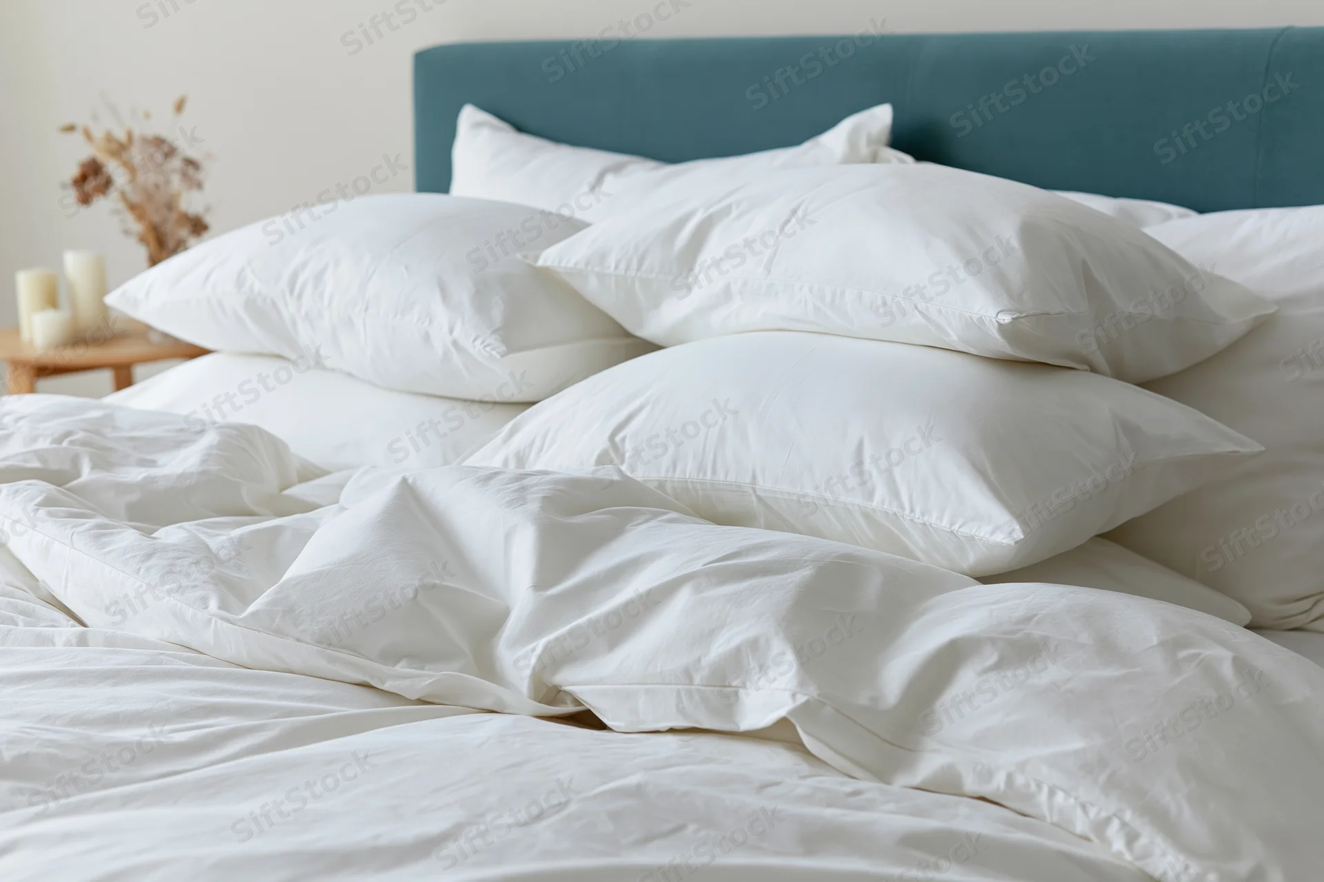 Neatly arranged bed with stacked white pillows and teal headboard in a bedroom