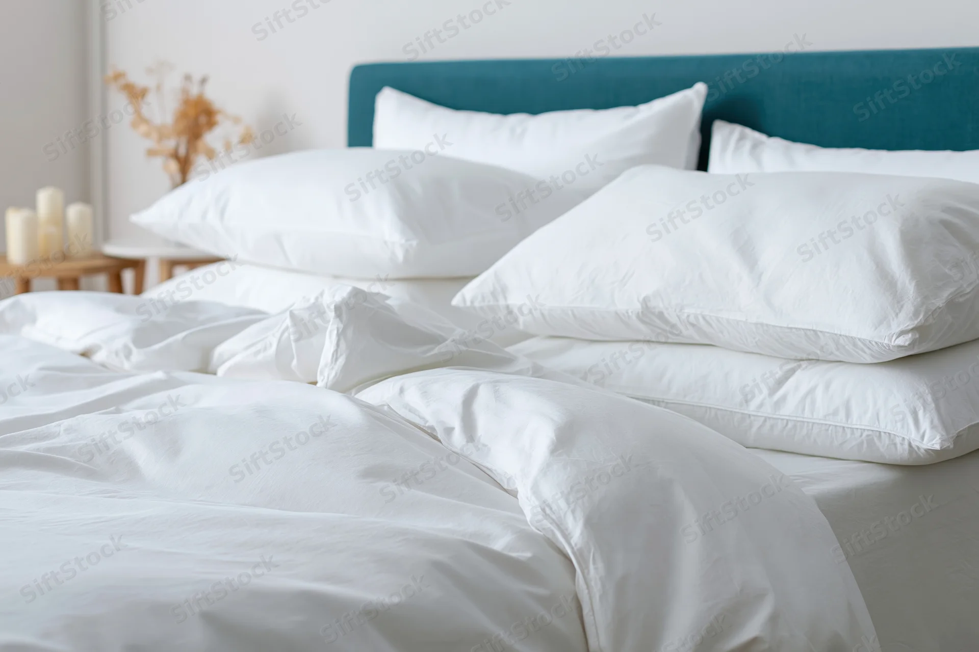 Neatly arranged bed with stacked white pillows and teal headboard in a bedroom