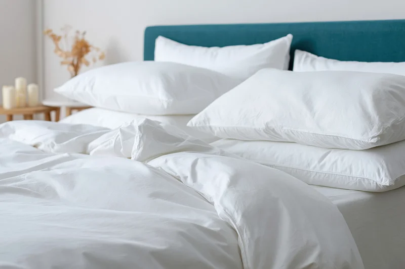Neatly arranged bed with stacked white pillows and teal headboard in a bedroom