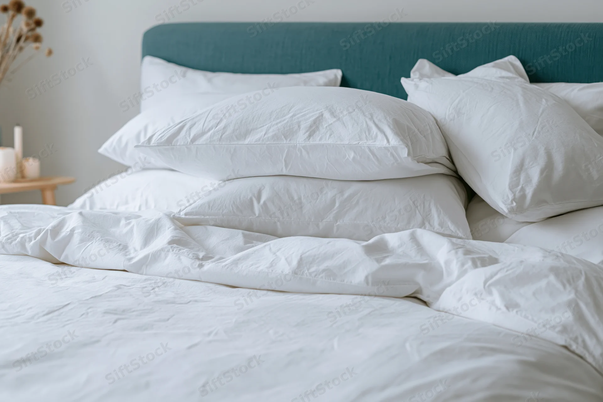 Neatly arranged bed with stacked white pillows and crumpled comforter against teal headboard in bedroom