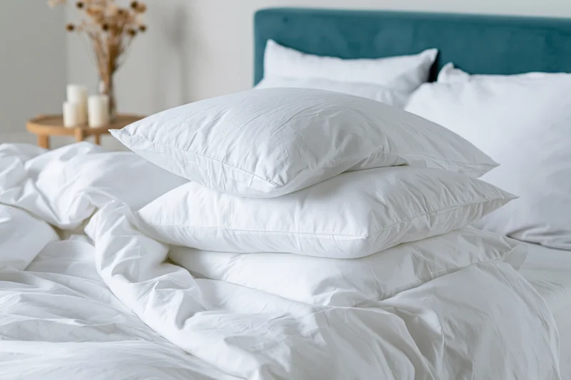 Stack of white pillows on a bed with teal headboard and soft bedding in a bedroom