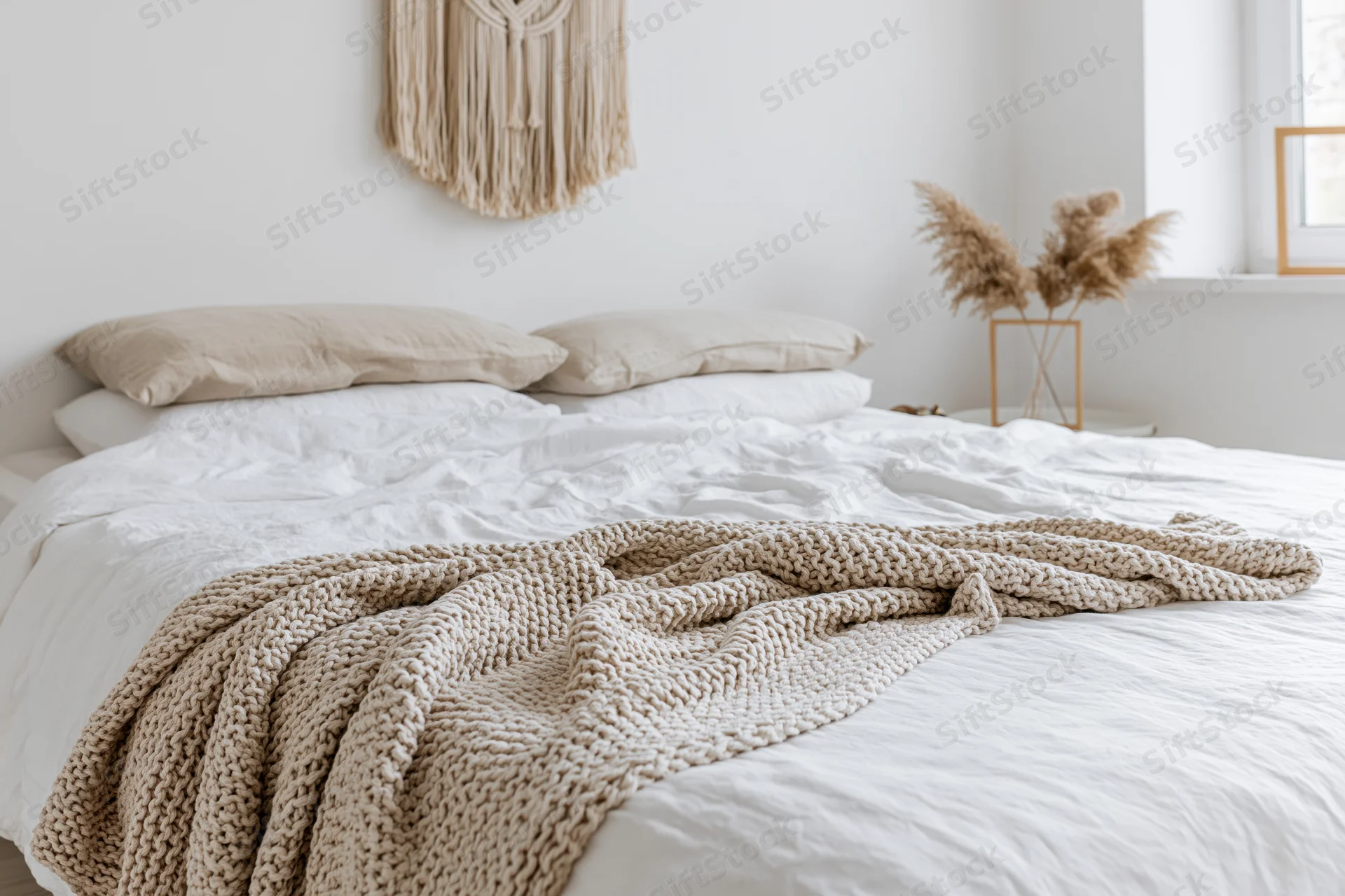 Neatly made bed with white linen bedding and beige knit blanket in a minimalist bedroom