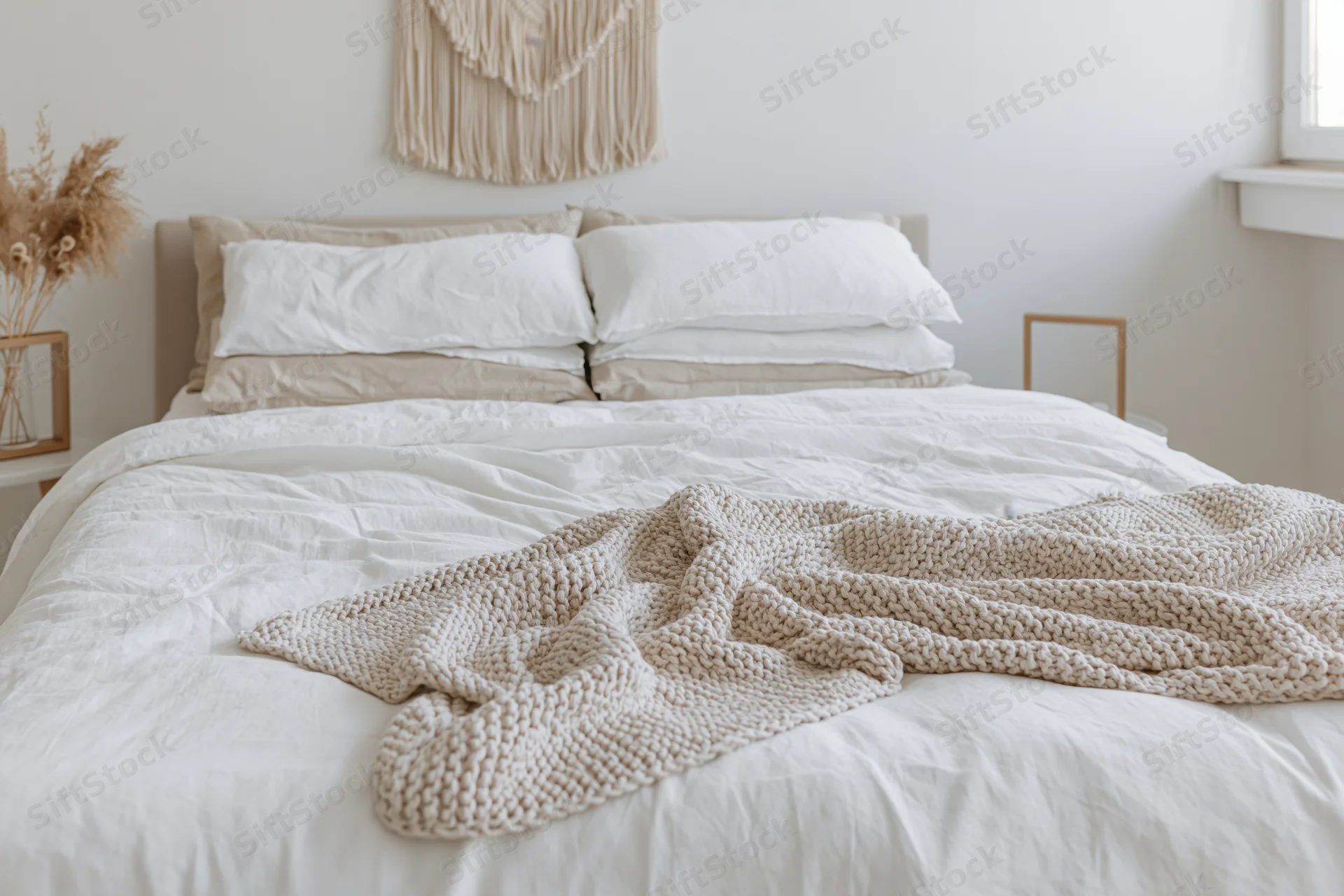 Neatly made bed with white linen bedding and beige knit blanket in a minimalist bedroom