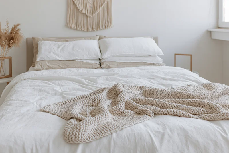 Neatly made bed with white linen bedding and beige knit blanket in a minimalist bedroom