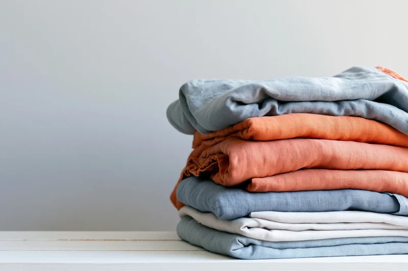 Stack of folded linen bedding in soft colors on a white wooden surface