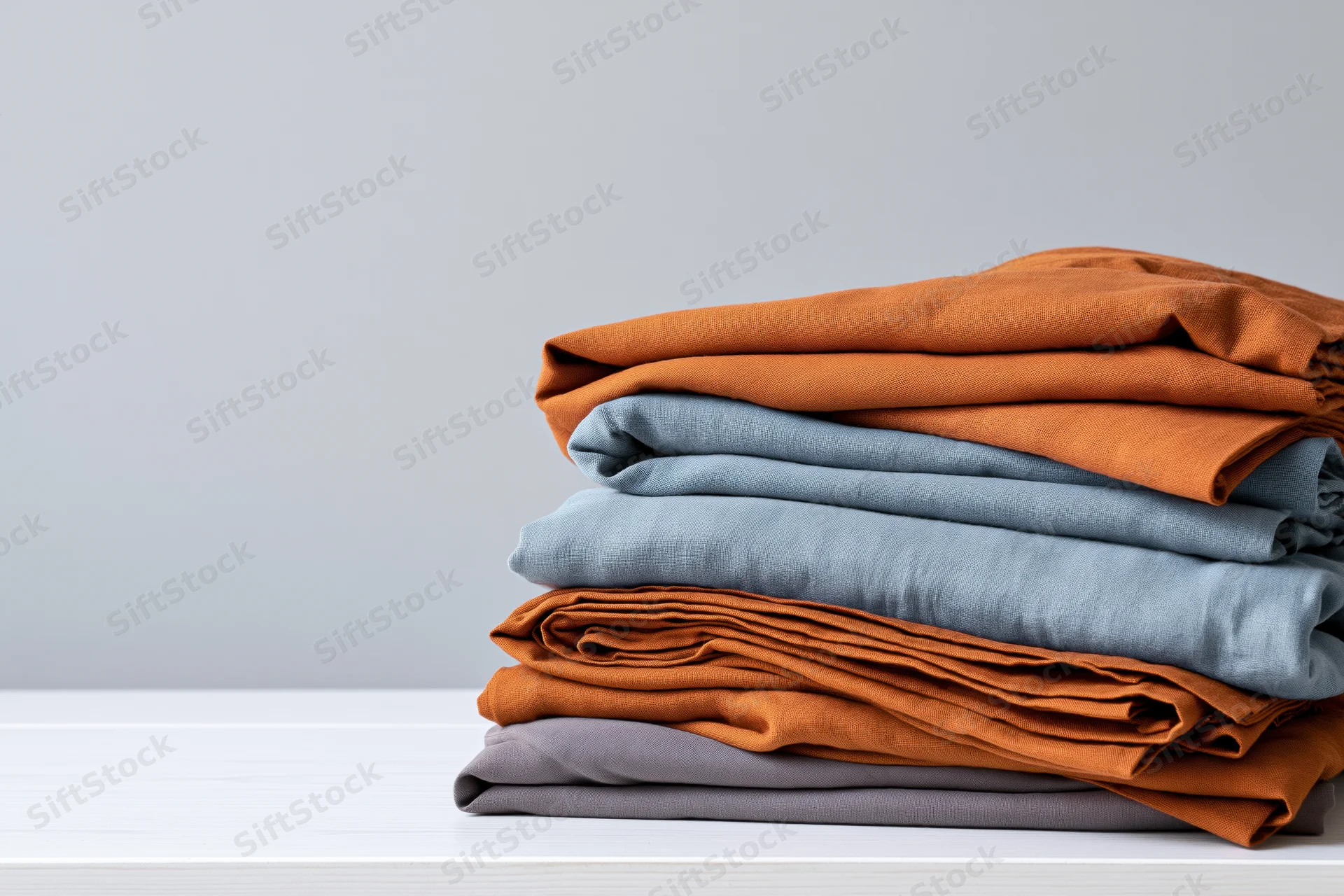 Stack of folded linen bedding in orange, blue and gray on white table