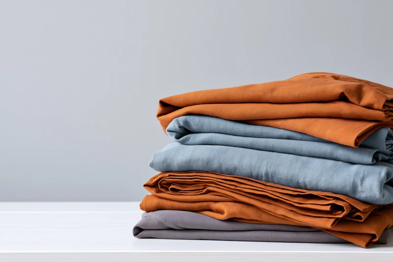 Stack of folded linen bedding in orange, blue and gray on white table