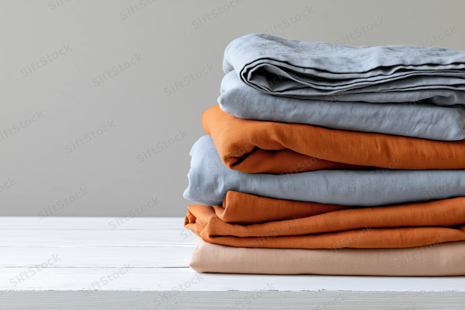 Stack of folded linen bedding in neutral and orange tones on white wooden table