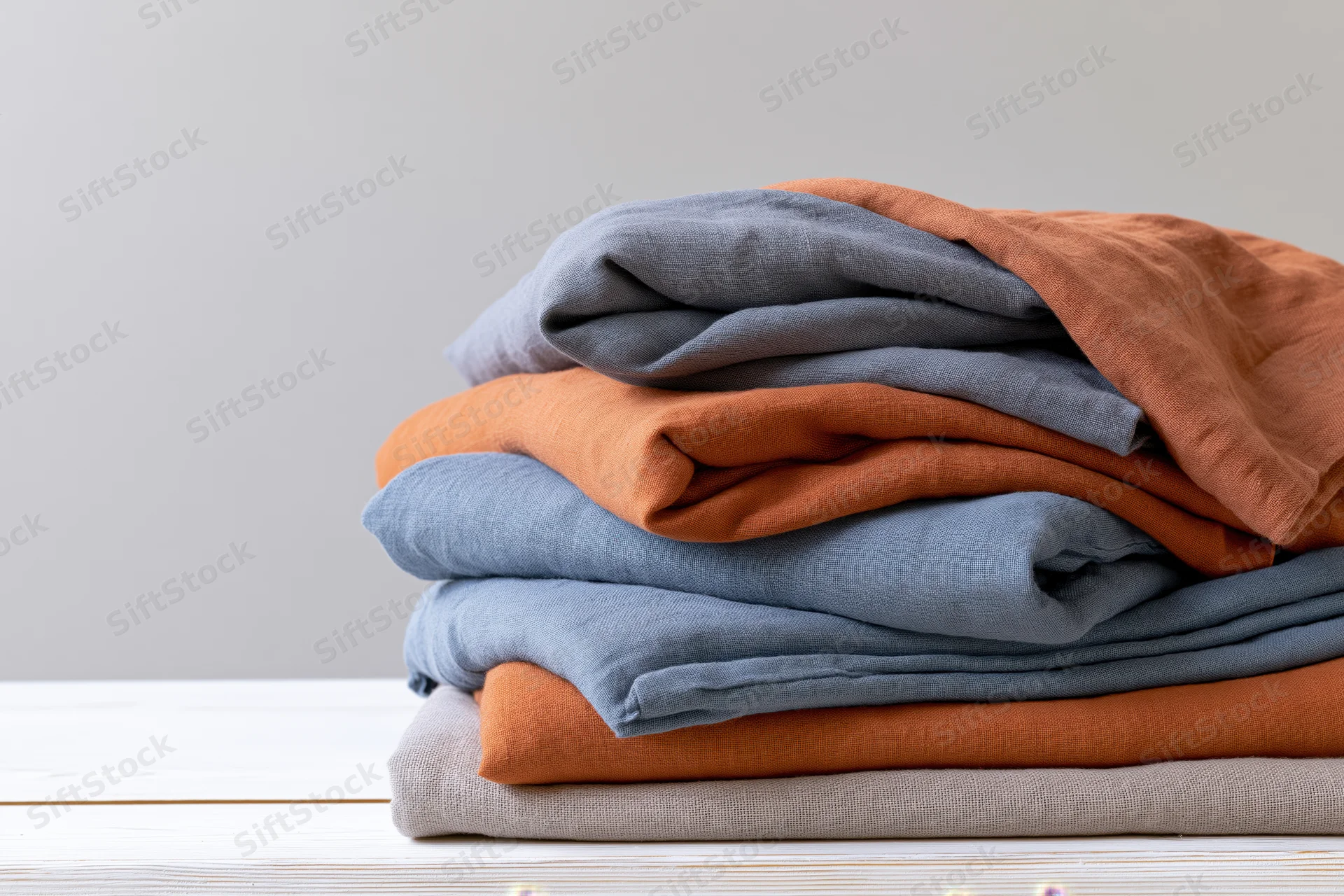 Stack of folded linen bedding in warm and cool tones on a white wooden table