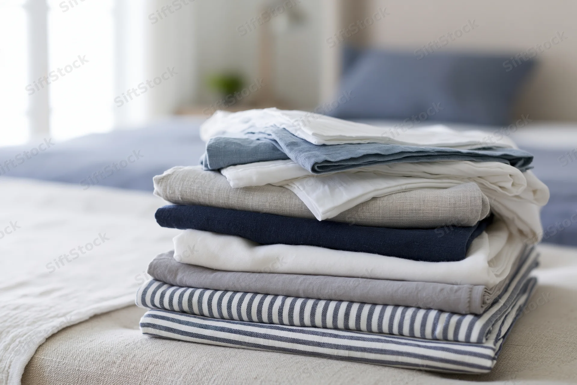 Stack of folded bed linens and sheets on a bed in a bedroom