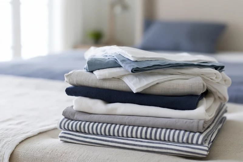 Stack of folded bed linens and sheets on a bed in a bedroom