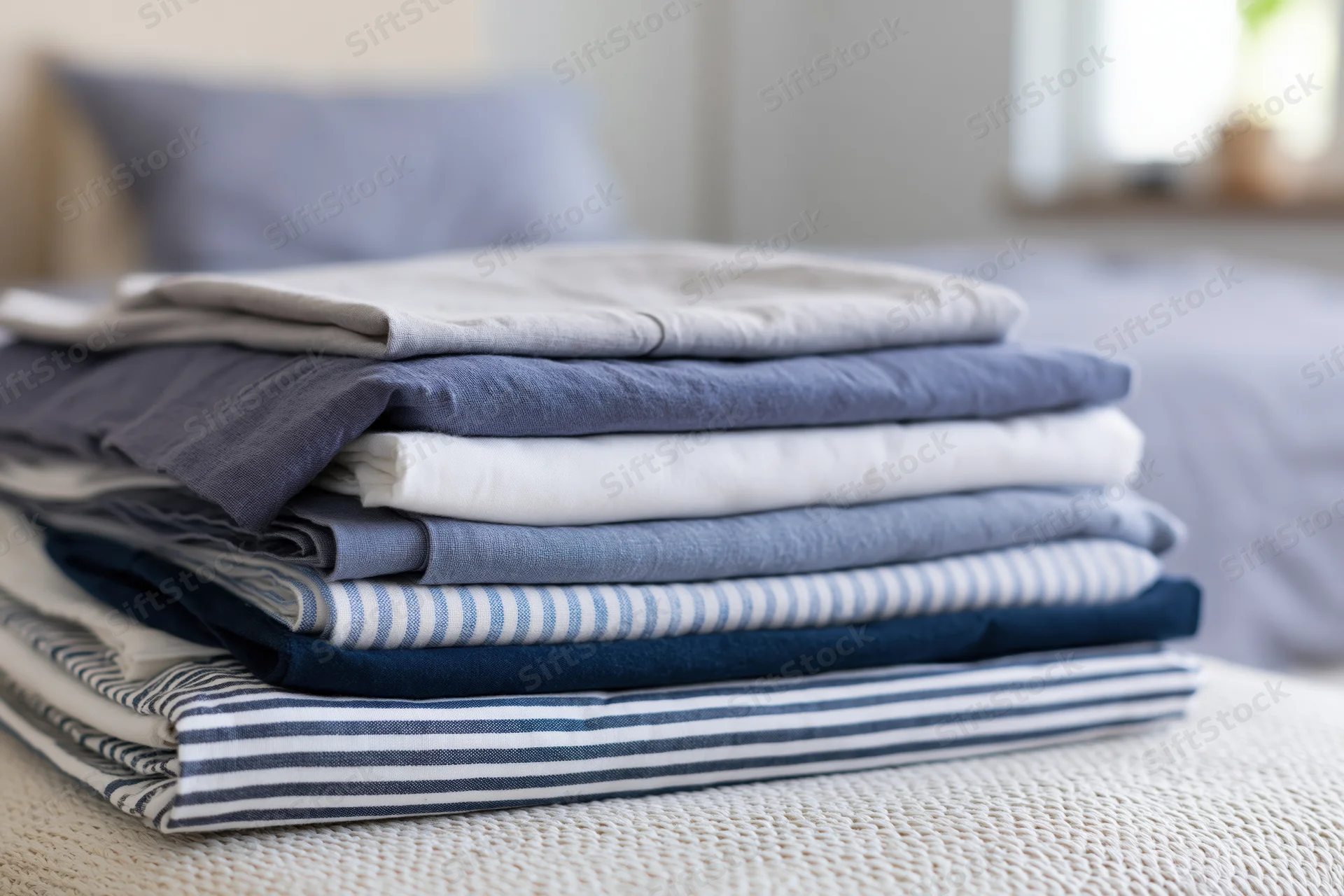 Stack of folded bed linens and sheets on a mat in a bedroom