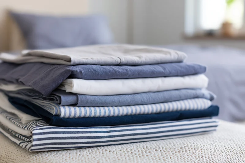 Stack of folded bed linens and sheets on a mat in a bedroom