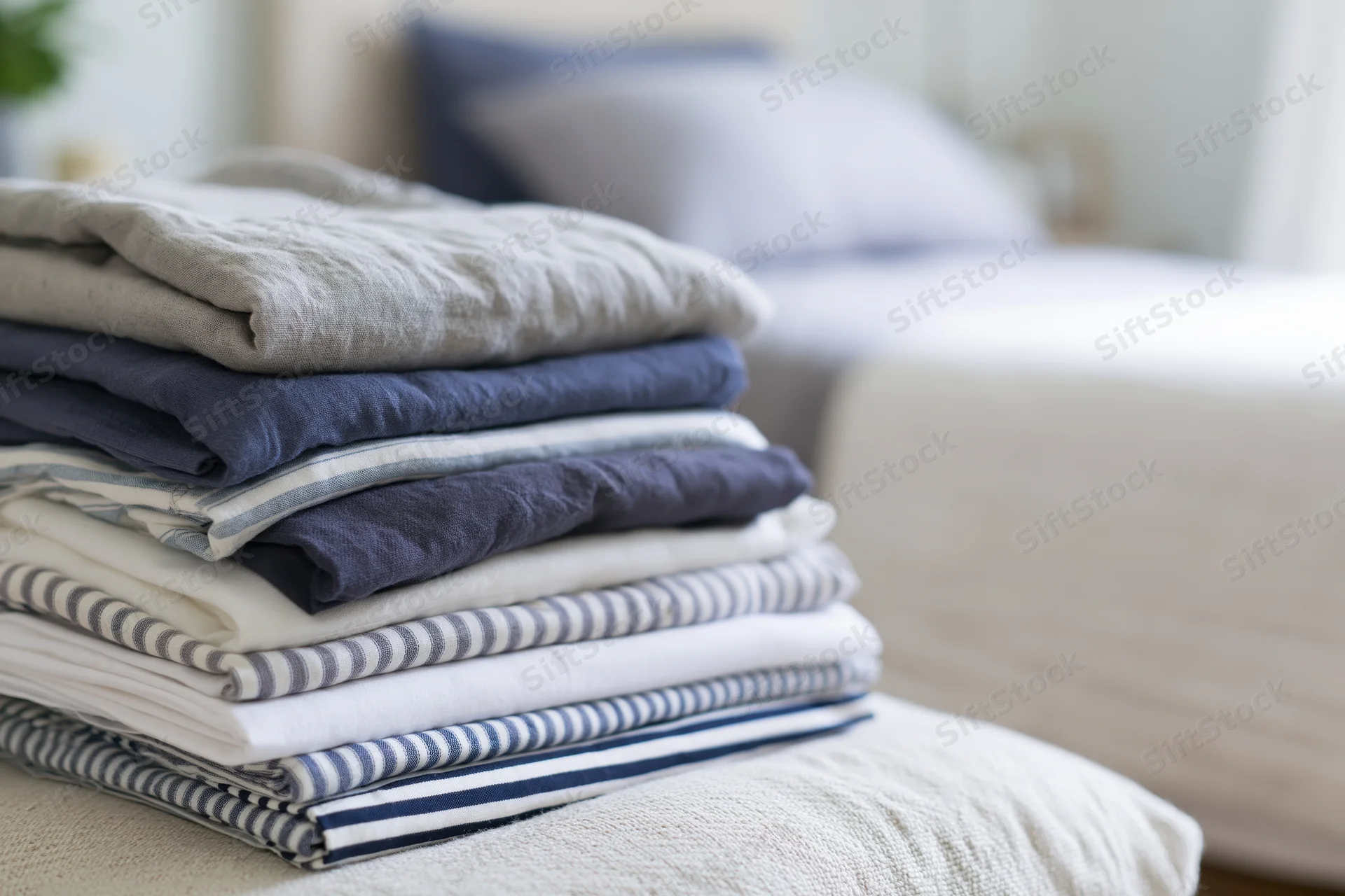 Stack of folded bed linens and sheets on a mat in a bedroom