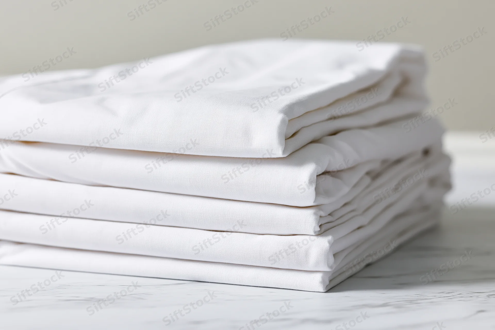 Stack of white cotton bed sheets folded neatly on a marble surface