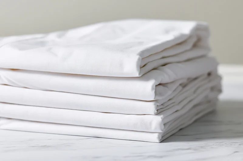 Stack of white cotton bed sheets folded neatly on a marble surface
