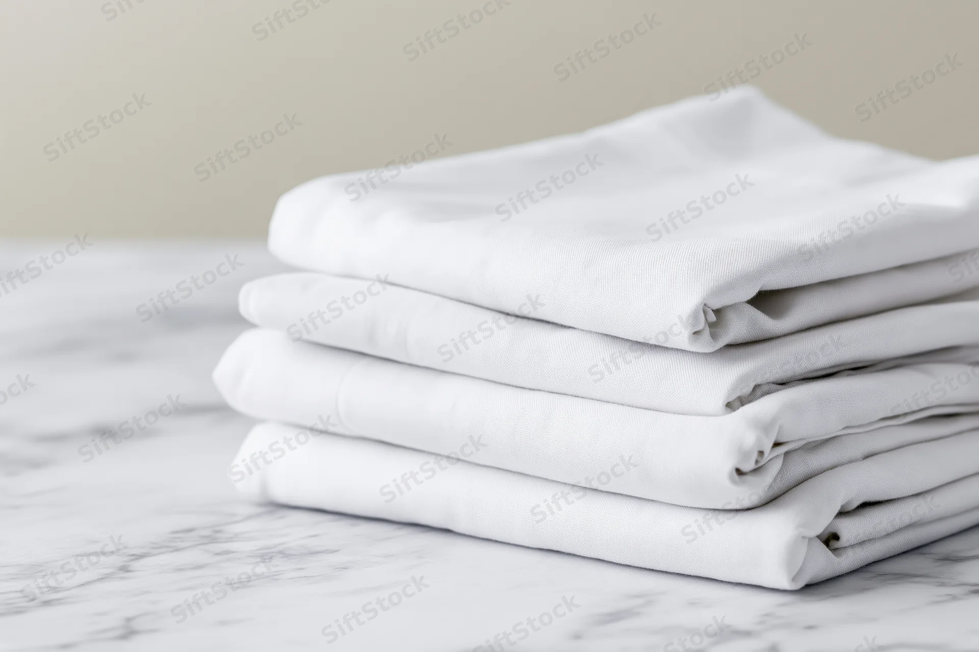 Stack of white cotton bed sheets folded neatly on a marble surface