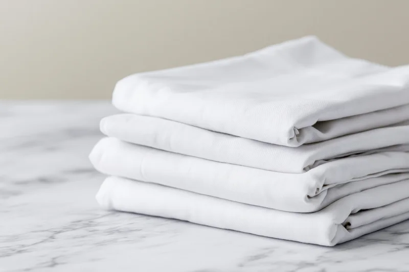 Stack of white cotton bed sheets folded neatly on a marble surface