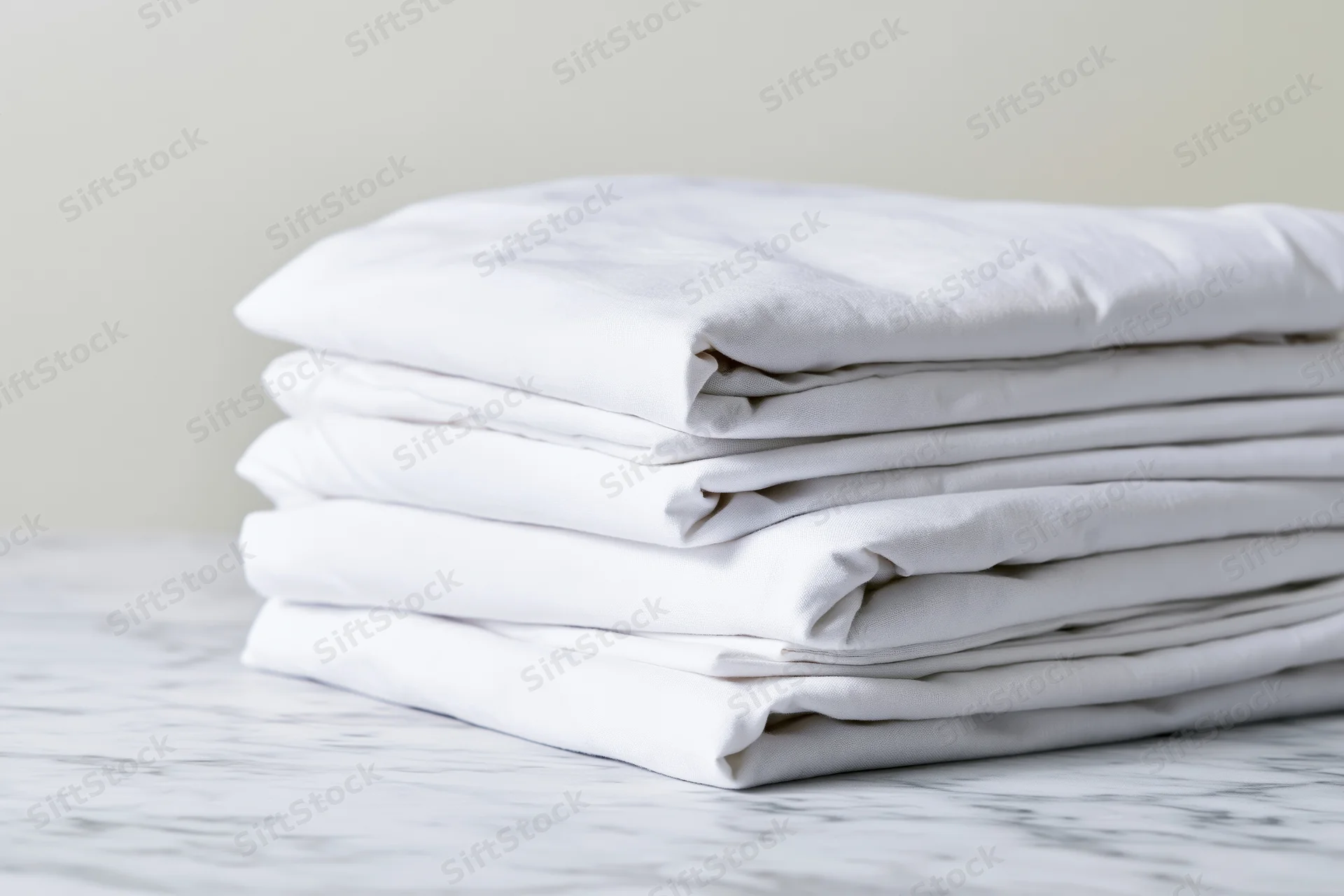 Stack of neatly folded white cotton bed sheets on a marble surface