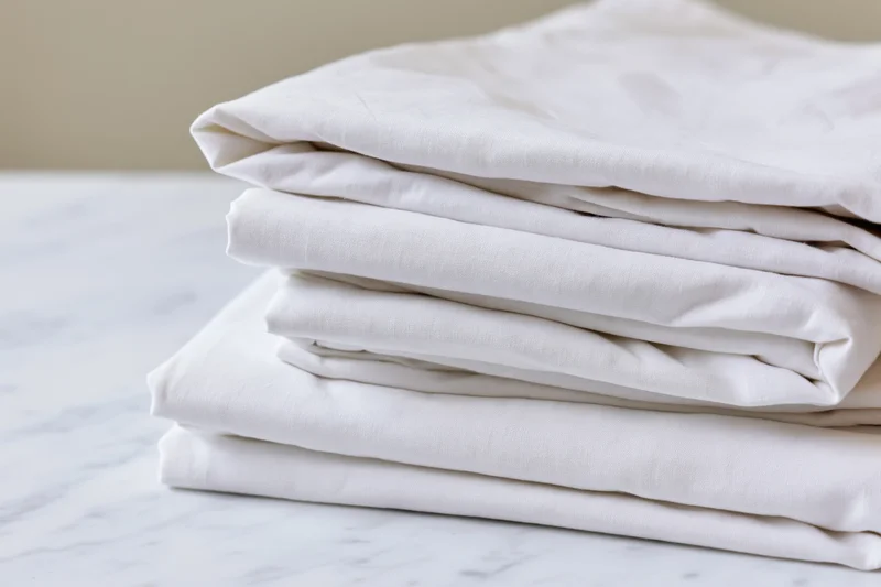 Stack of white cotton bed sheets folded neatly on a marble countertop