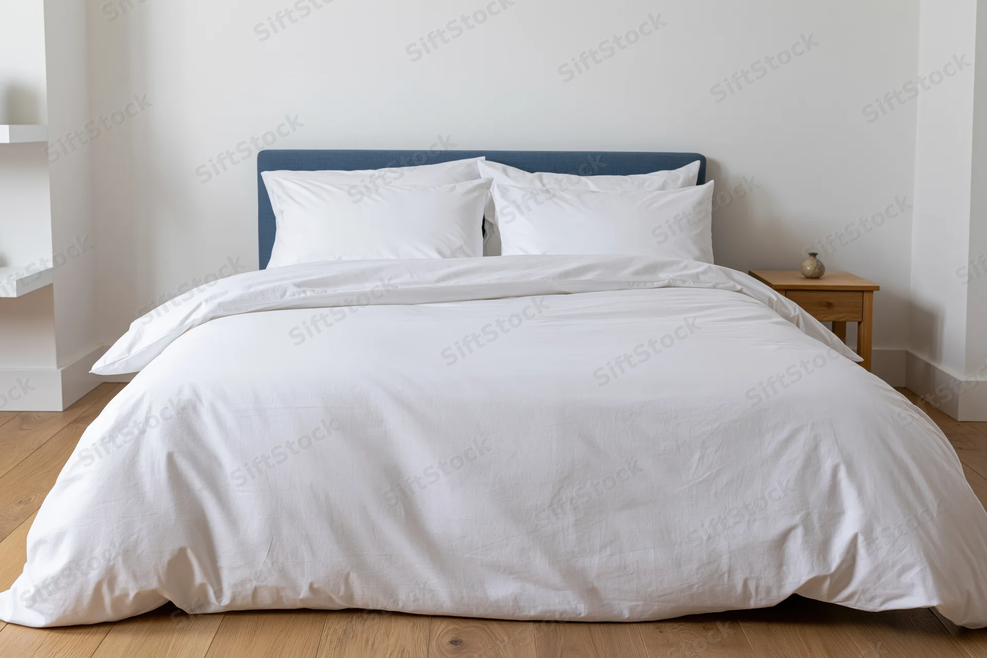 Neatly made bed with white cotton duvet and multiple white pillows in a minimalist bedroom