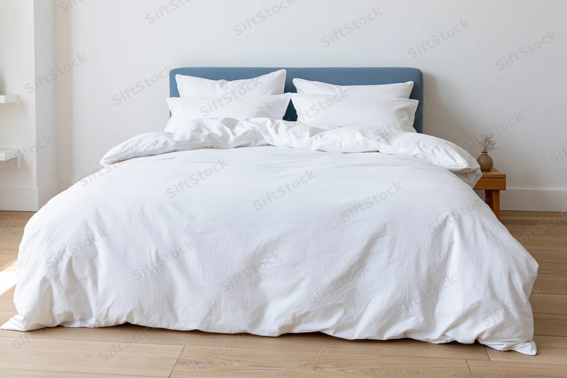 Neatly made bed with white cotton duvet and multiple white pillows against a blue headboard in a minimalist bedroom