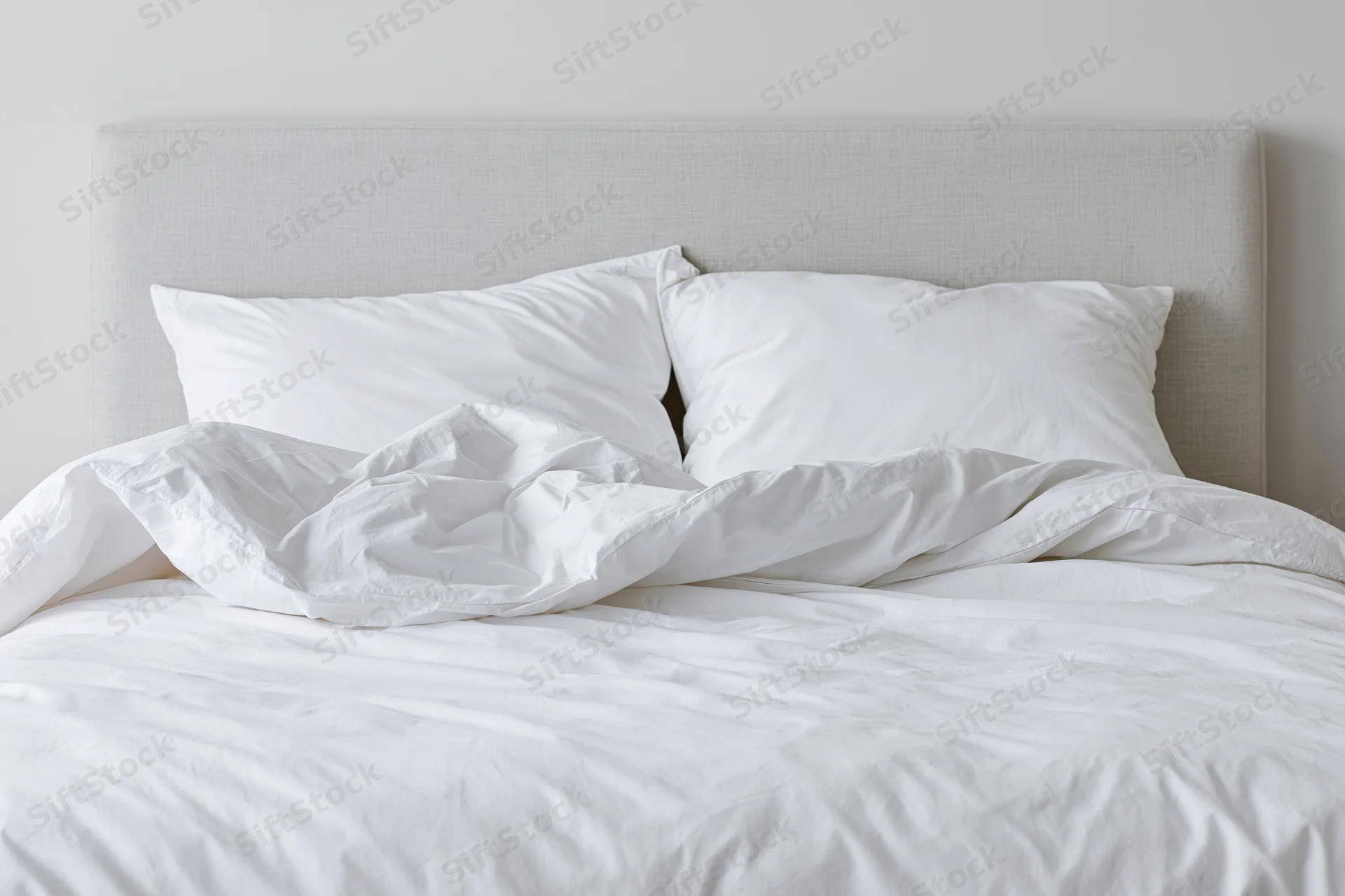 Unmade double bed with white pillows and rumpled bedding in a minimalist bedroom