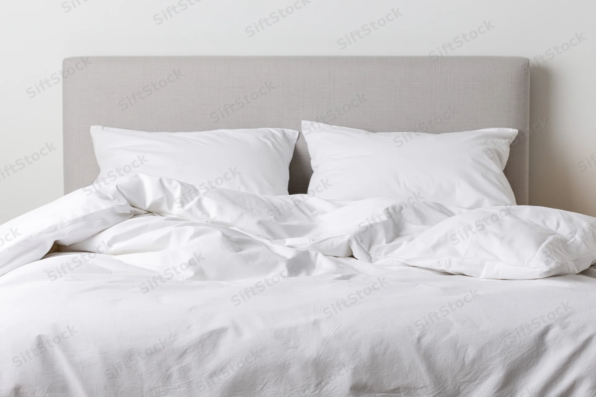 Unmade double bed with white bedding and gray headboard in a minimalist bedroom