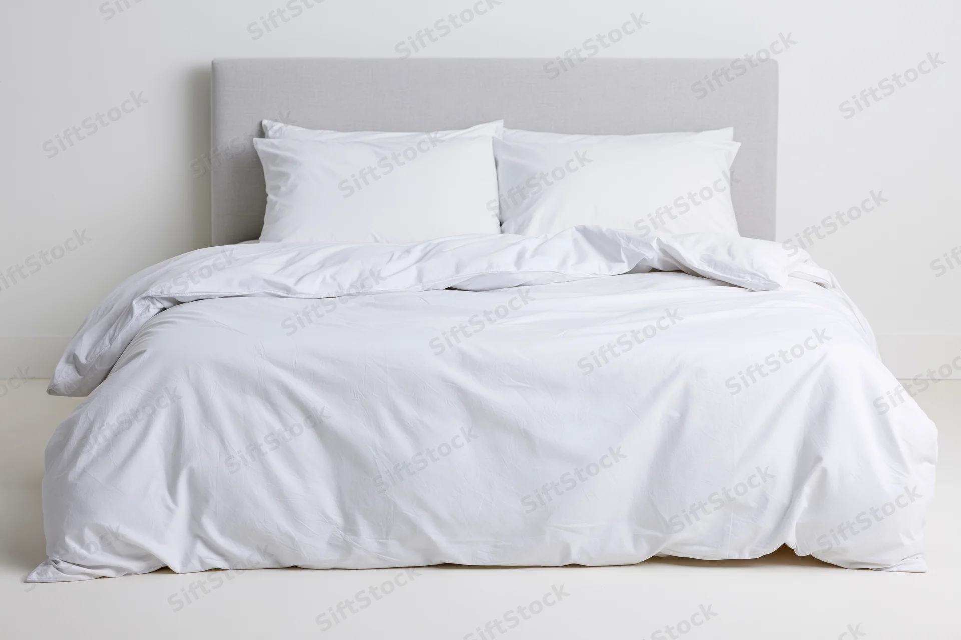 White bedding on a double bed with gray headboard in a minimalist bedroom
