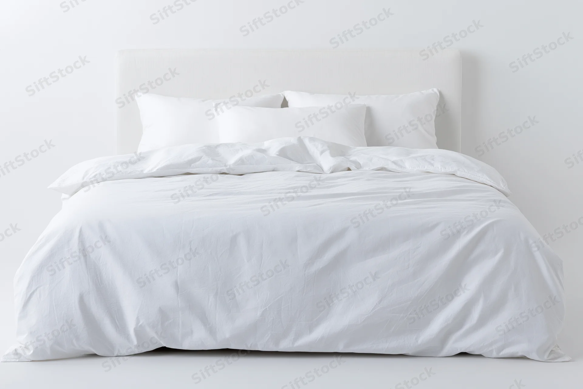 White bed with crumpled duvet and pillows against plain white background
