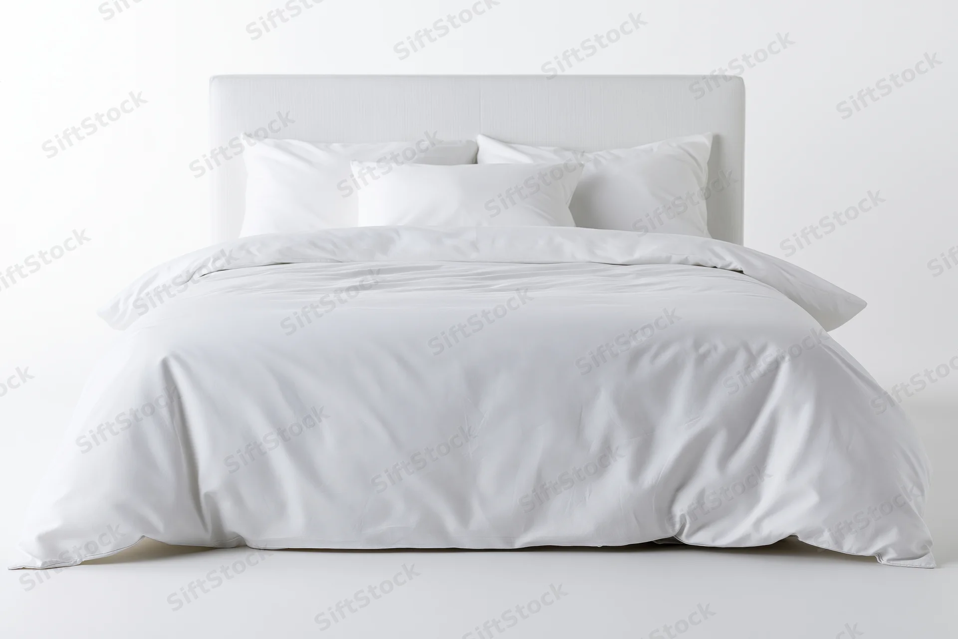 White double bed with cotton duvet and pillows against plain white background
