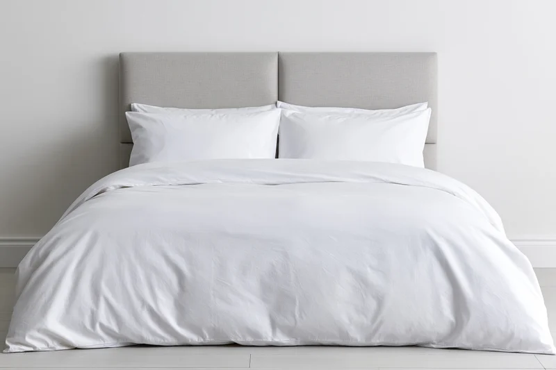 Neatly made double bed with white duvet and two white pillows against a gray headboard in a minimalist bedroom