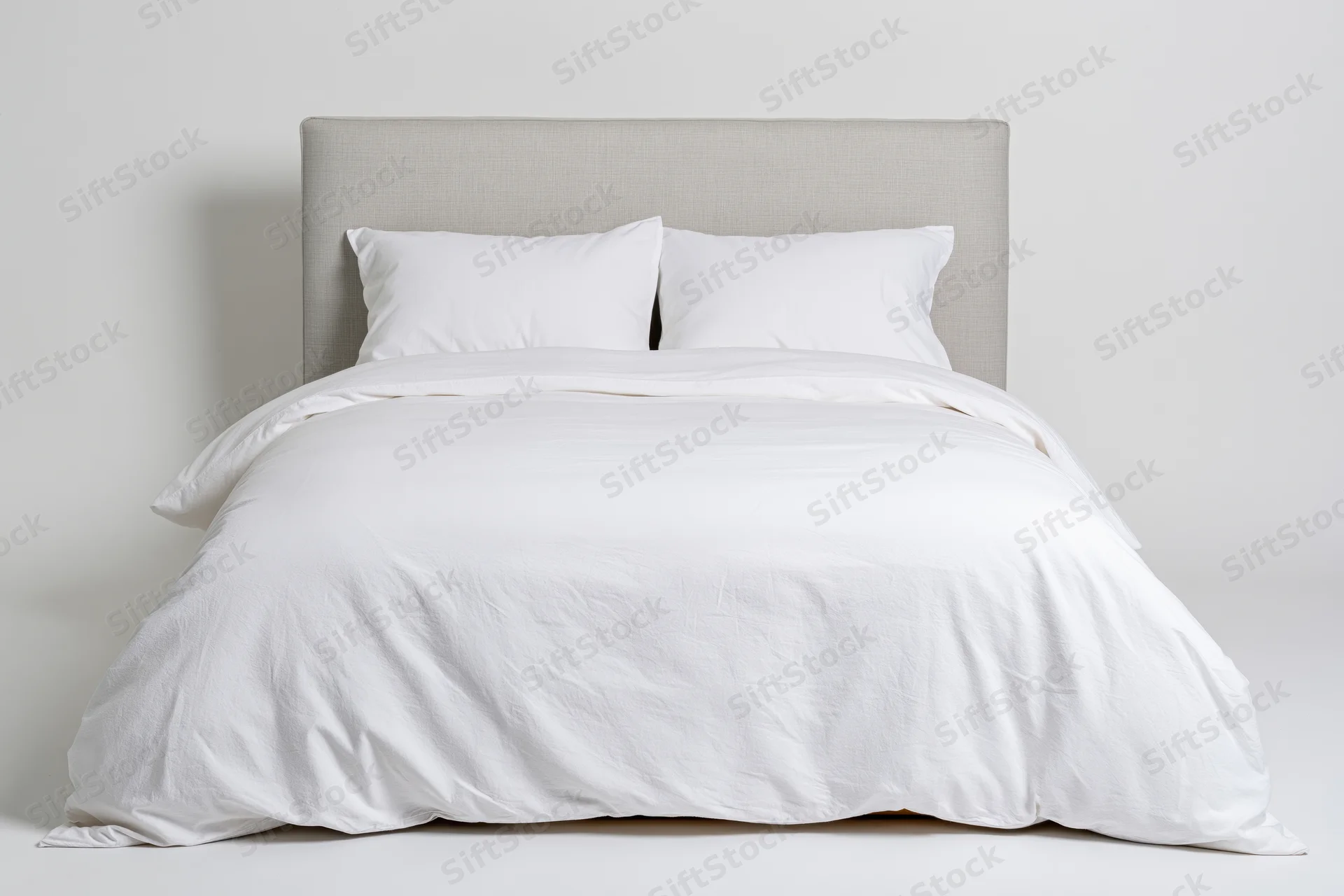 Double bed with white duvet and two pillows against plain white background