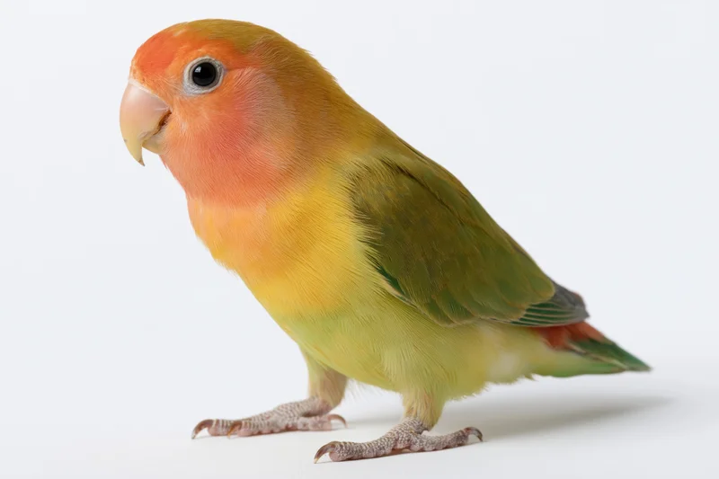 Peach-faced lovebird standing alert in profile on white surface