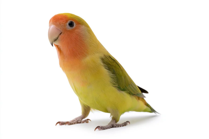 Peach-faced lovebird standing alert on white surface